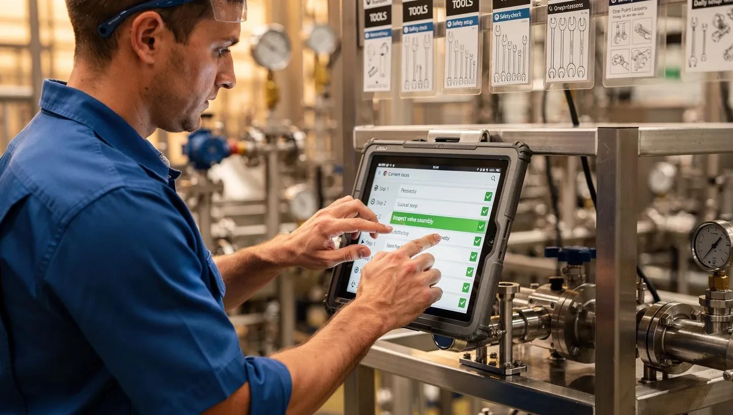 Safety officer capturing inspection data on a tablet by equipment
