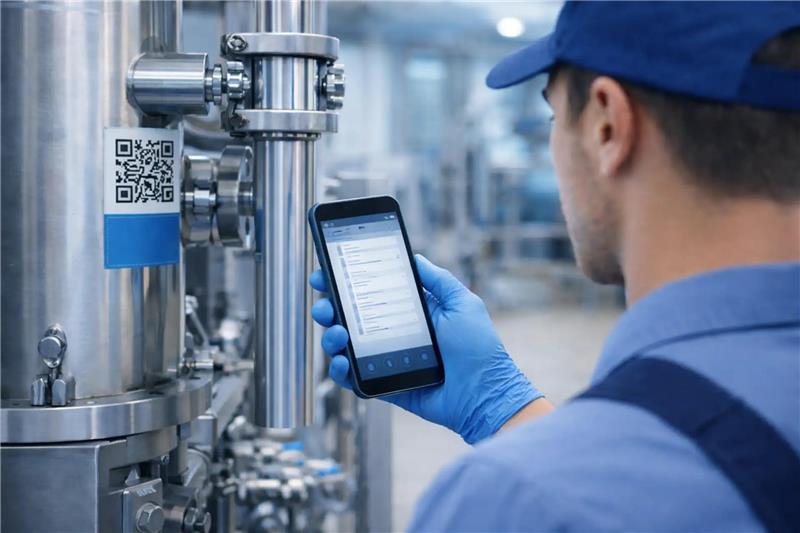 Worker scanning an asset's QR code to open the right inspection form on a phone