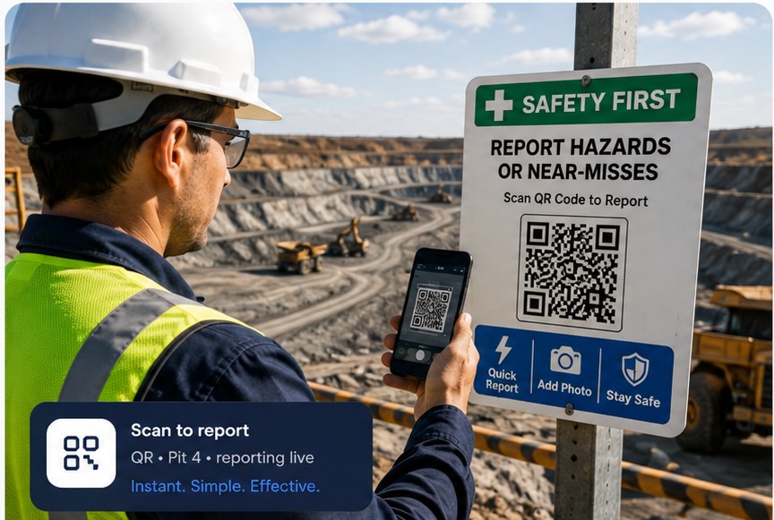 Miner scanning a posted 'Report hazards or near-misses' QR code to report from a phone on a mine site